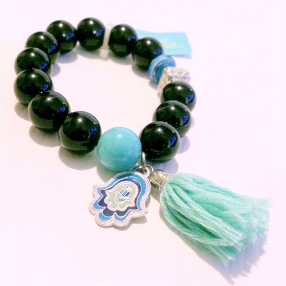 Spring Street Black and Turquoise Beaded Hamsa Stretch Bracelet - Picture 1 of 3